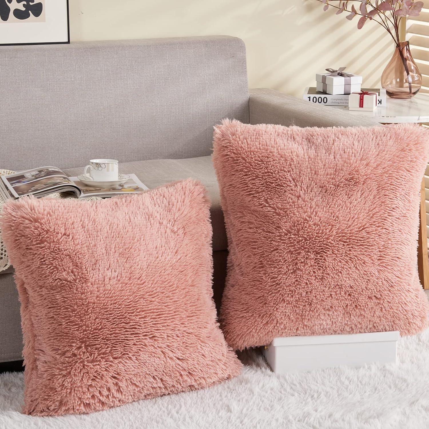 GONAAP Faux Fur Throw Pillow Cover Decorative Pillowcase Cushion Cover for Sofa Bedding Car 18x18 Inch (Pink, 18x18 Inch (Pack of 2))
