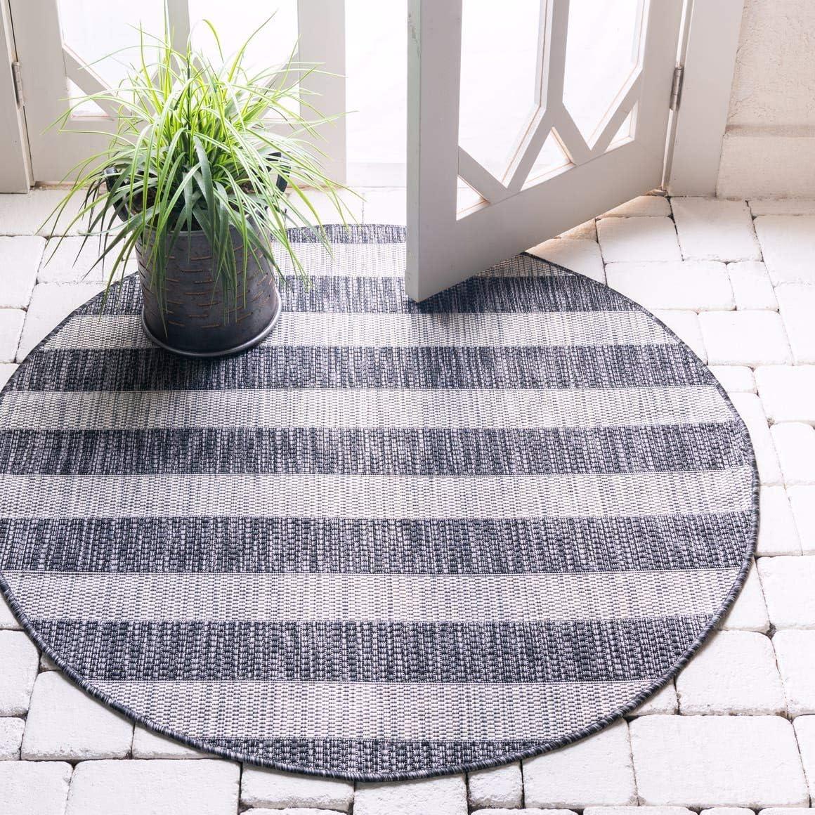 Round Gray and Black Striped Outdoor Rug