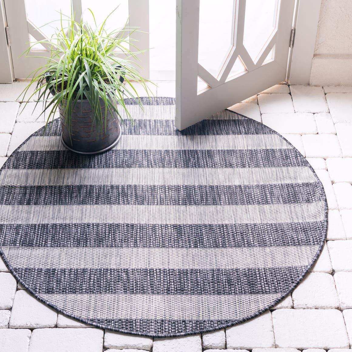 Unique Loom 4' 1 x 4' 1 Round Indoor/Outdoor Striped Charcoal Gray Area Rug
