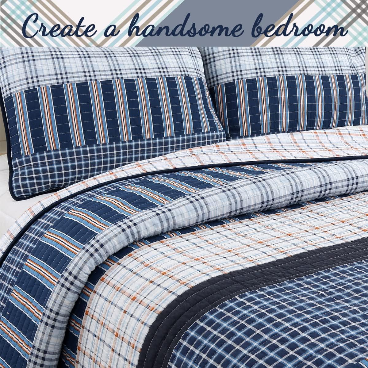 Chambray Stripe Farmhouse / Country Cotton Plaid Quilt Set