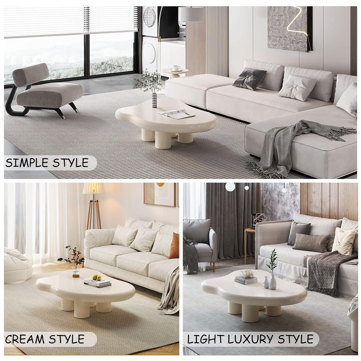 Guyii 41.02" Cream White Cloud Coffee Table, Irregular Coffee Table with 3 Legs for Living Room, Office