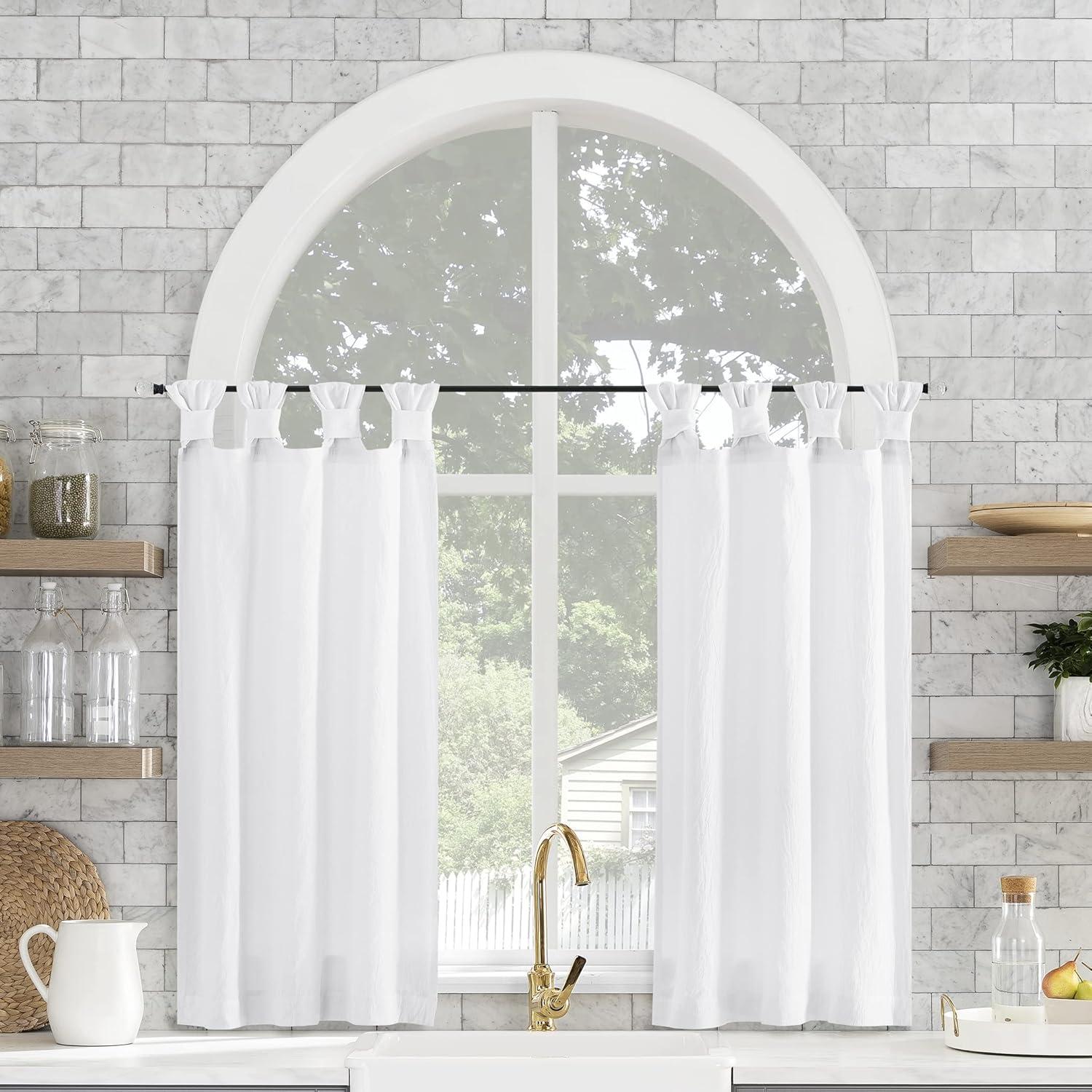 2pc 52"x36" Archaeo Washed Cotton Twist Tab Cafe Curtain Tier Pair White: Kitchen Curtains, 36 Inch, Solid Pattern