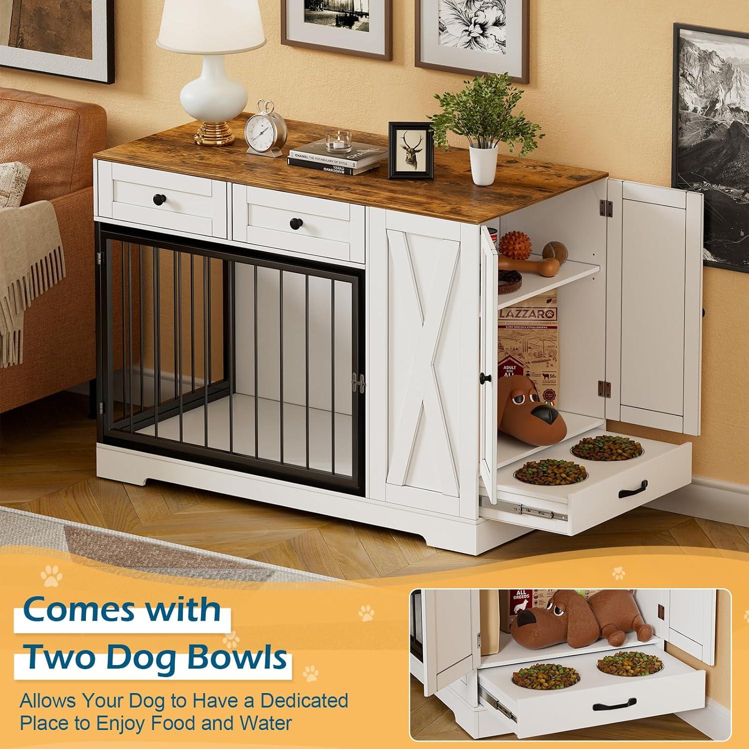 CABINAHOME Dog Crate Furniture Kennel with Double Doors Wooden Pet House with 2 Drawers and Pet Feeder Station Storage Cabinet, Indoor Dog Cage Farmhouse Modern Side End Table for Dogs, White