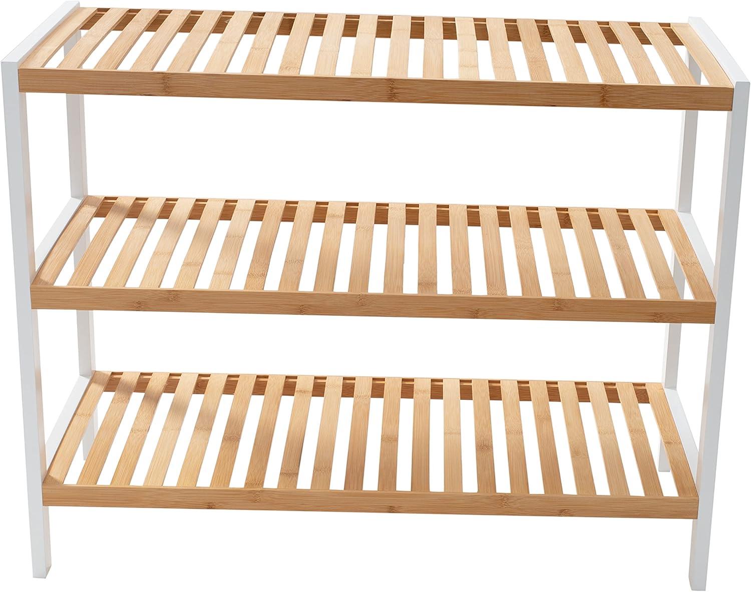 White and Bamboo 3-Tier Rectangular Footwear Storage Shelf