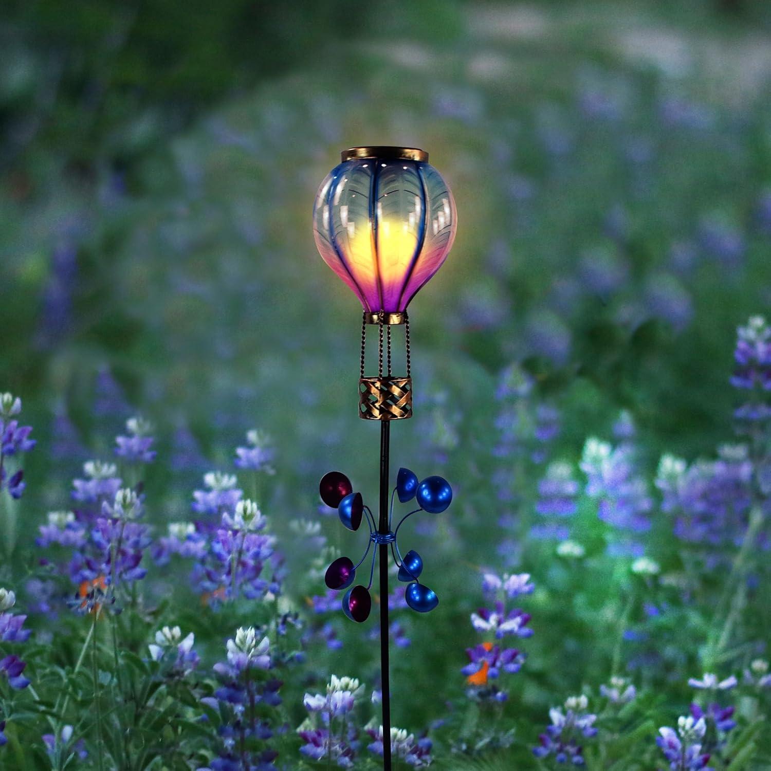 Alpine Corporation LED Solar Purple/Blue Hot Air Balloon Spinning Garden Stake Novelty Sculpture Light Off-White