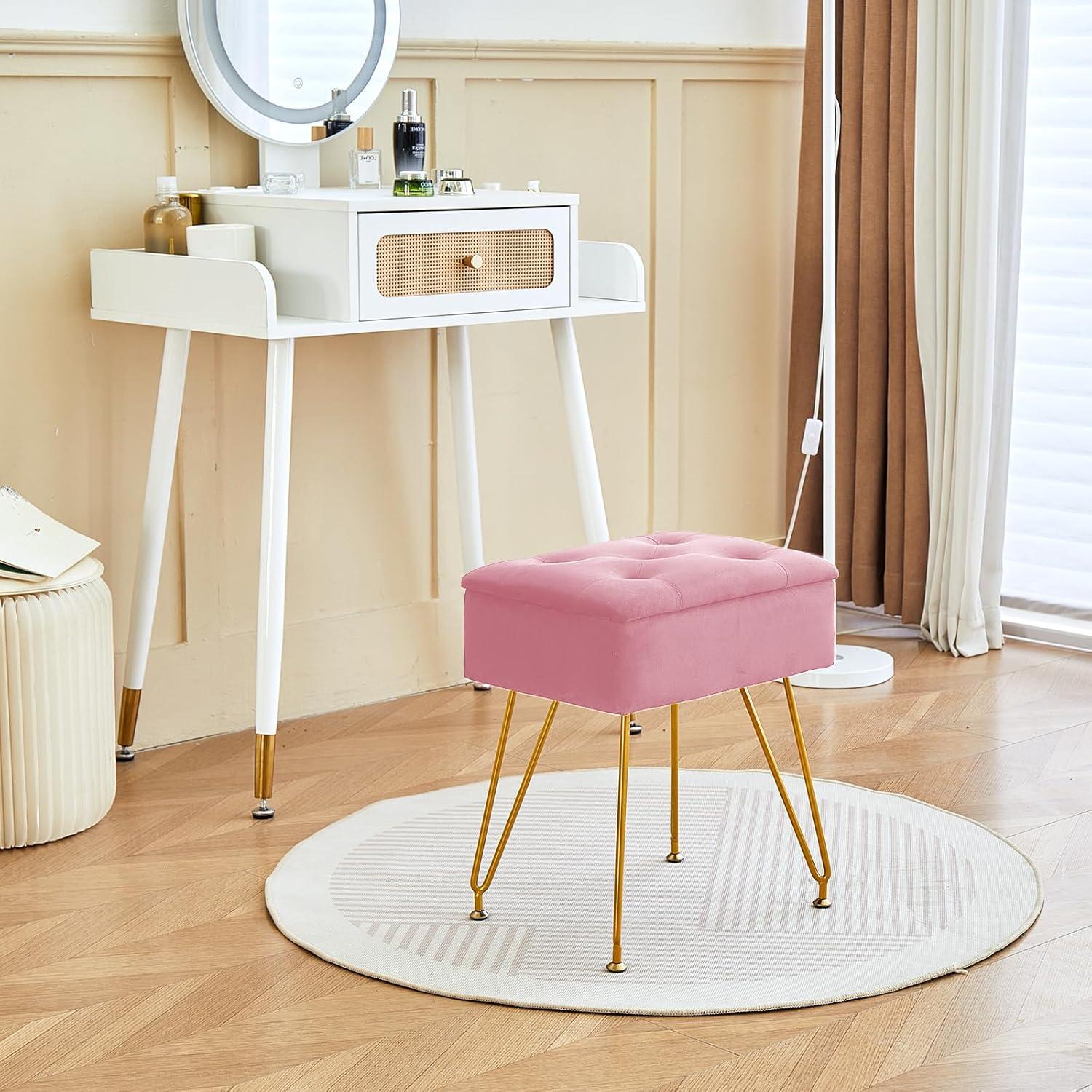 Vanity Stool Chair with Storage, Square Velvet Makeup Vanity Chair with Metal Legs & Adjustable Gold Feet, Flip Top Ottoman Foot Rest with Soft Padded Seat for Bedroom Living Room, Black