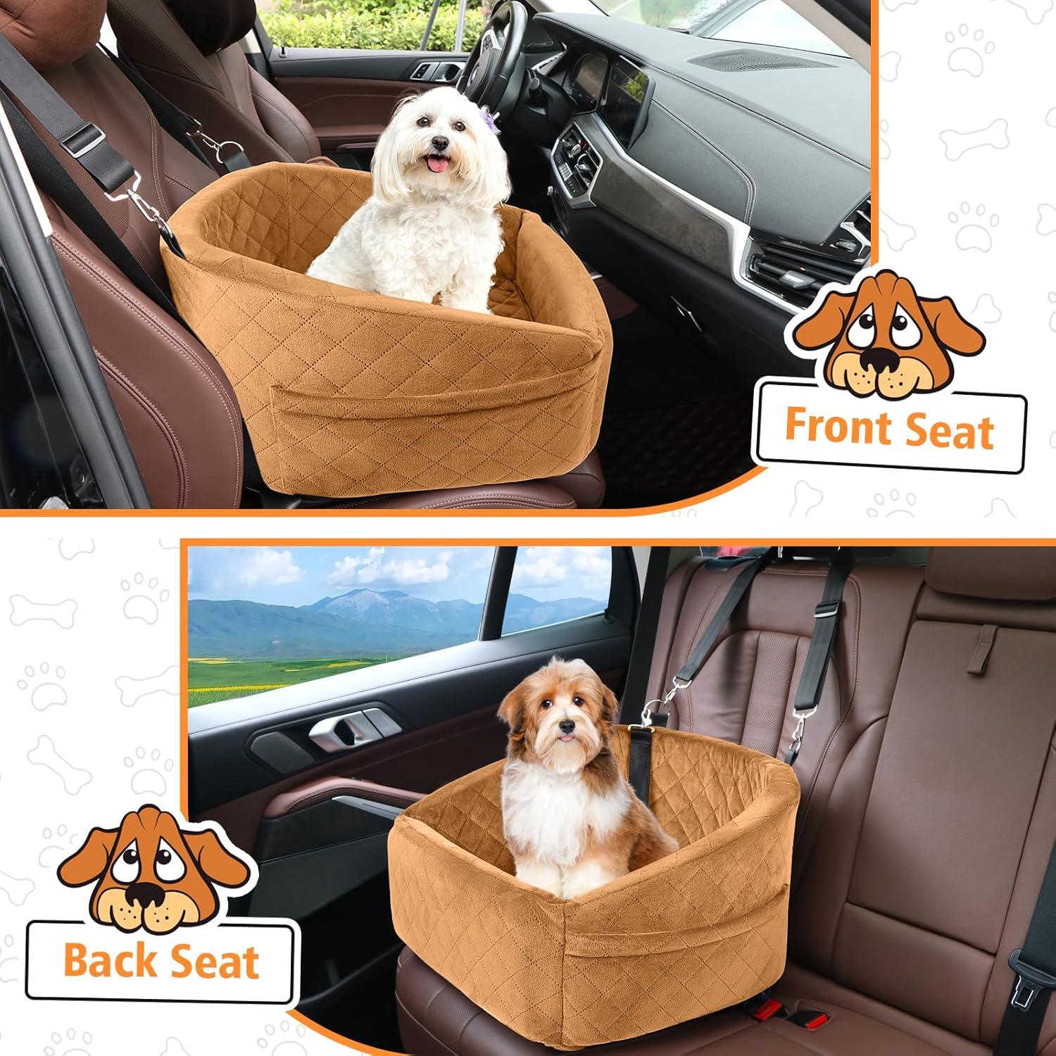 Brown Plush Dog Car Seat with Safety Belt and Storage Pockets