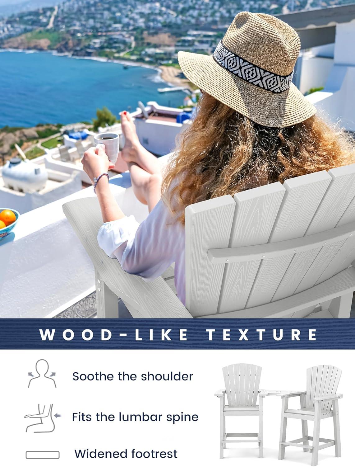JUSTLET Tall Plastic Adirondack Chair Set of 2 W/ Outdoor Barstools and Connecting Tray, Brown