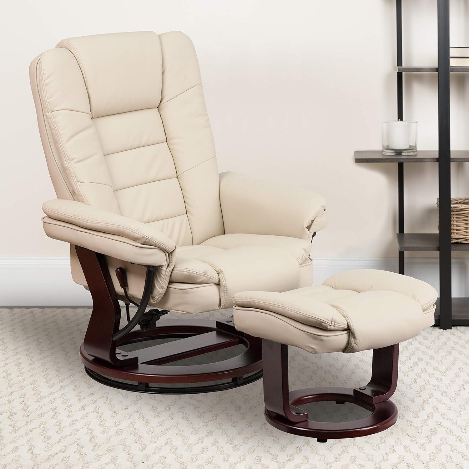 Beige Leather Swivel Recliner with Ottoman and Mahogany Wood Base