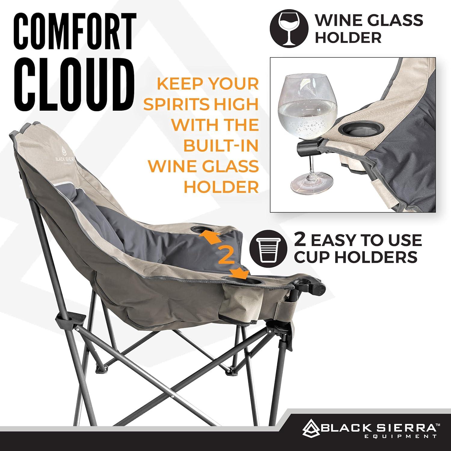 Black Sierra Plush Camping Chair for Sports & Outdoors, Oversize XL Outdoor Folding Chair Supports 400 lbs, Heavy Duty Lounge w/Cup Holders & Carry Bag Perfect for Tailgating, Patio C21