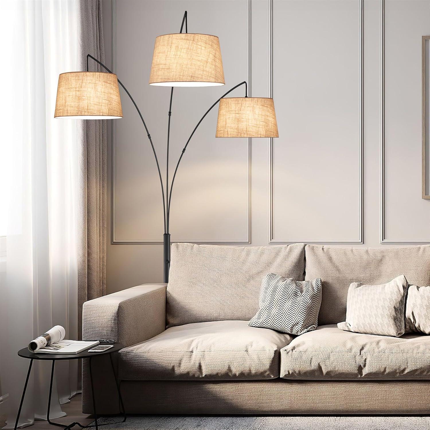 Kira Home Akira 79" 3-Light Modern Arc Floor Lamp with Weighted Base & 3-Way Switch, Oatmeal Shades + Oil Rubbed Bronze