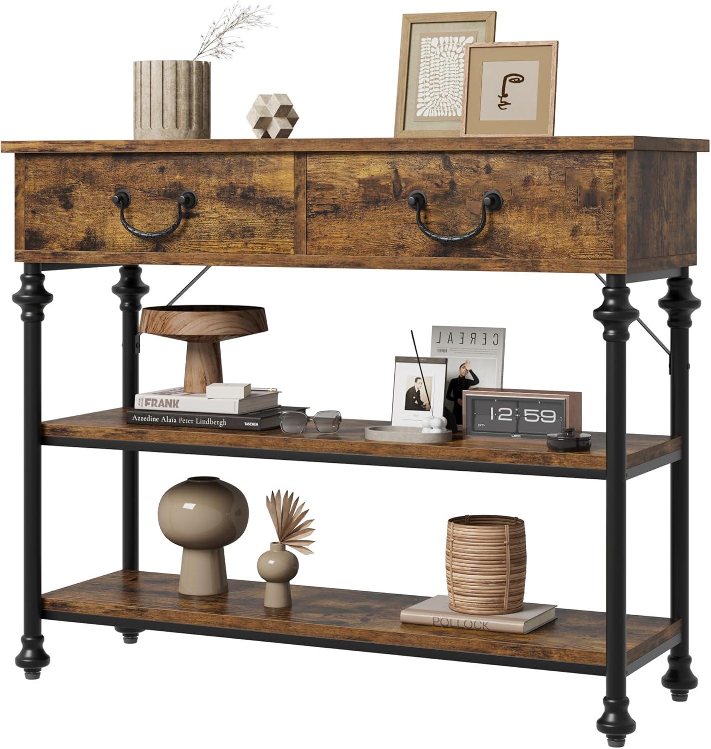 Rustic Brown Wood and Metal Console Table with Storage Shelves