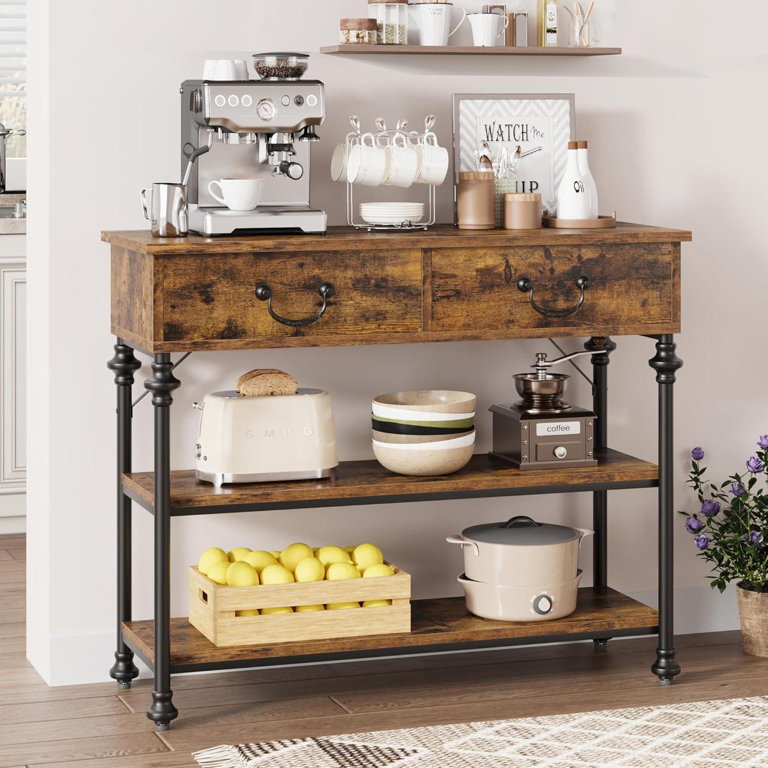 Rustic Brown Wood and Metal Console Table with Storage Shelves