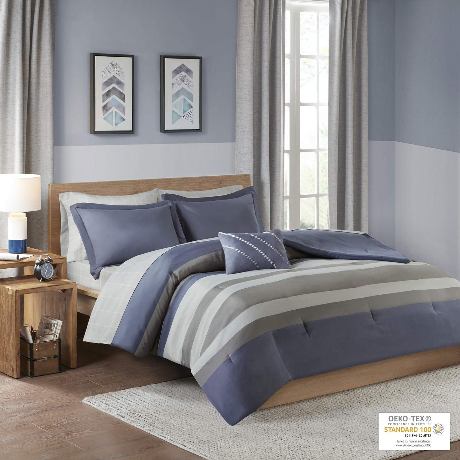 Eddie Full 8pc Complete Bed Set, Including Sheets Blue/Gray: Intelligent Design Microfiber, Hypoallergenic, OEKO-TEX Certified