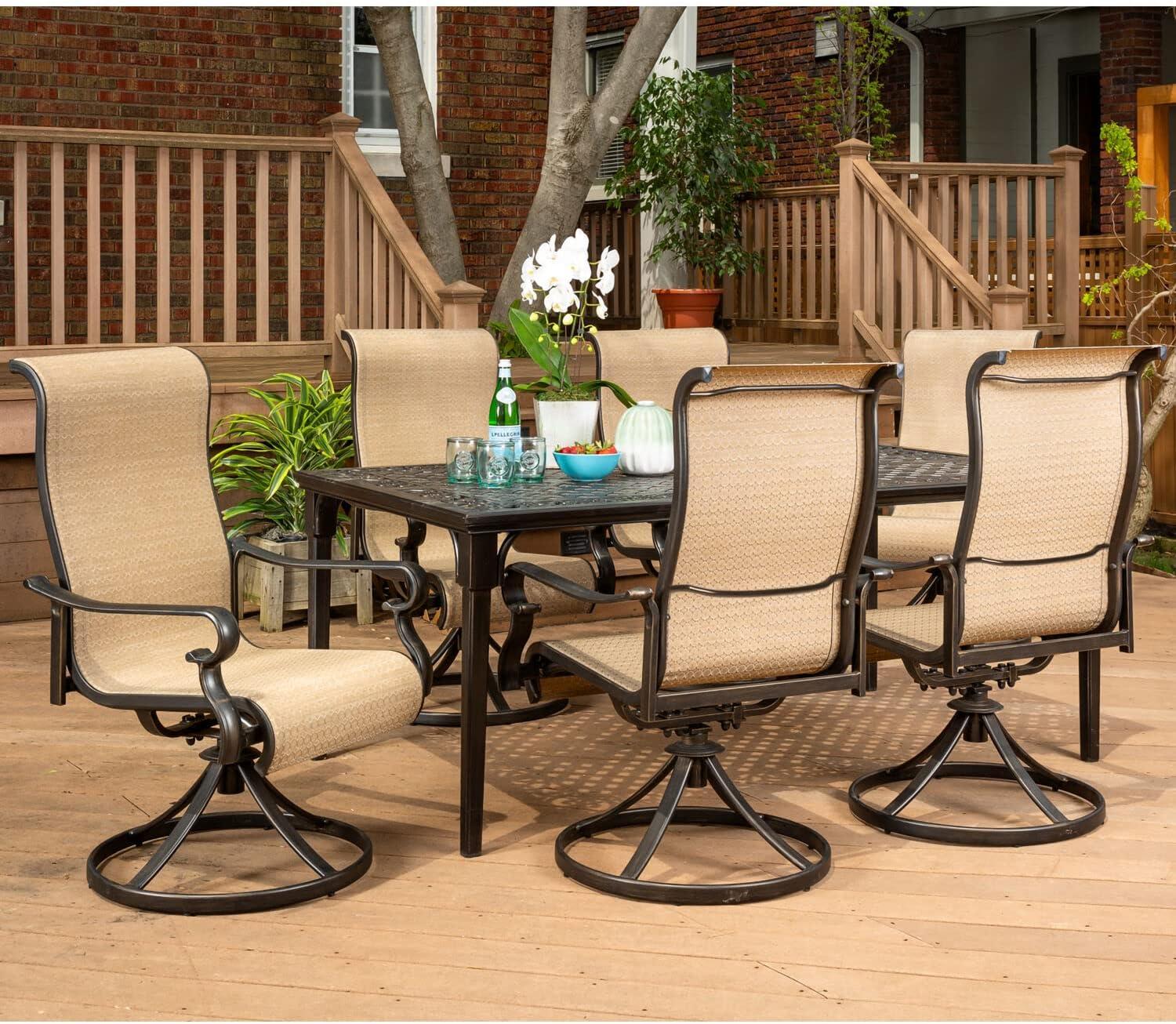 Hanover Brigantine 7-Piece Outdoor Patio Dining Set with 29 in. Table and Swivel Chairs, Seats 6