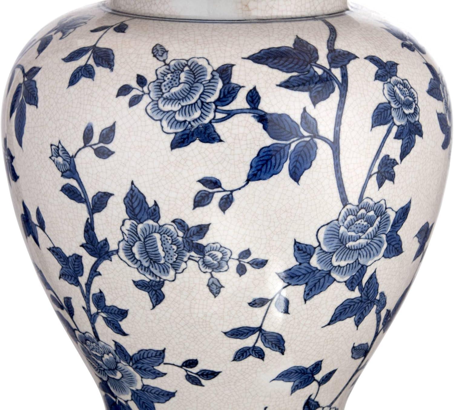 Barnes and Ivy Traditional Table Lamp 25" High Crackle Ceramic Blue and White Rose Vine Temple Jar White Bell Shade for Living Room Family