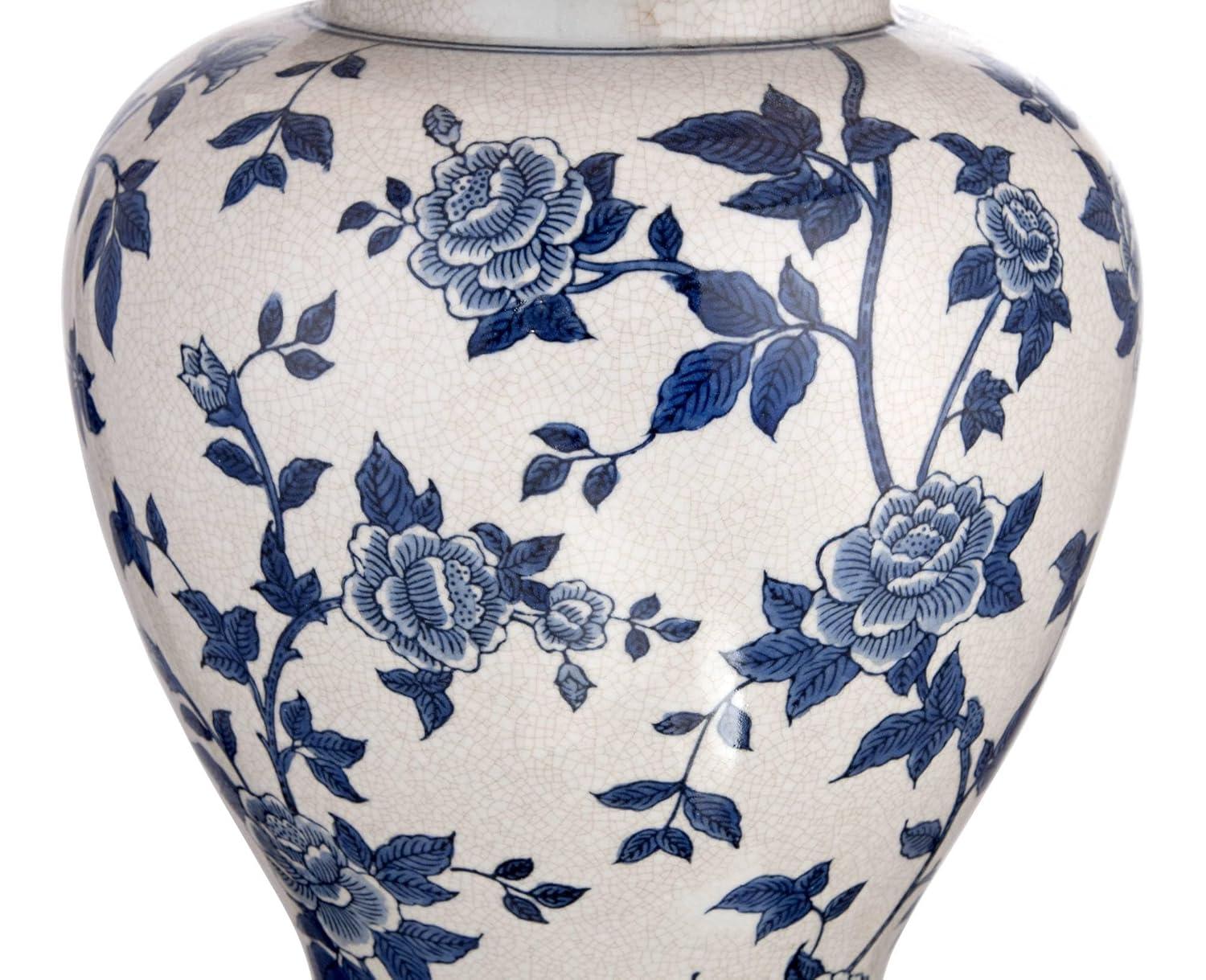 Barnes and Ivy Traditional Table Lamp 25" High Crackle Ceramic Blue and White Rose Vine Temple Jar White Bell Shade for Living Room Family
