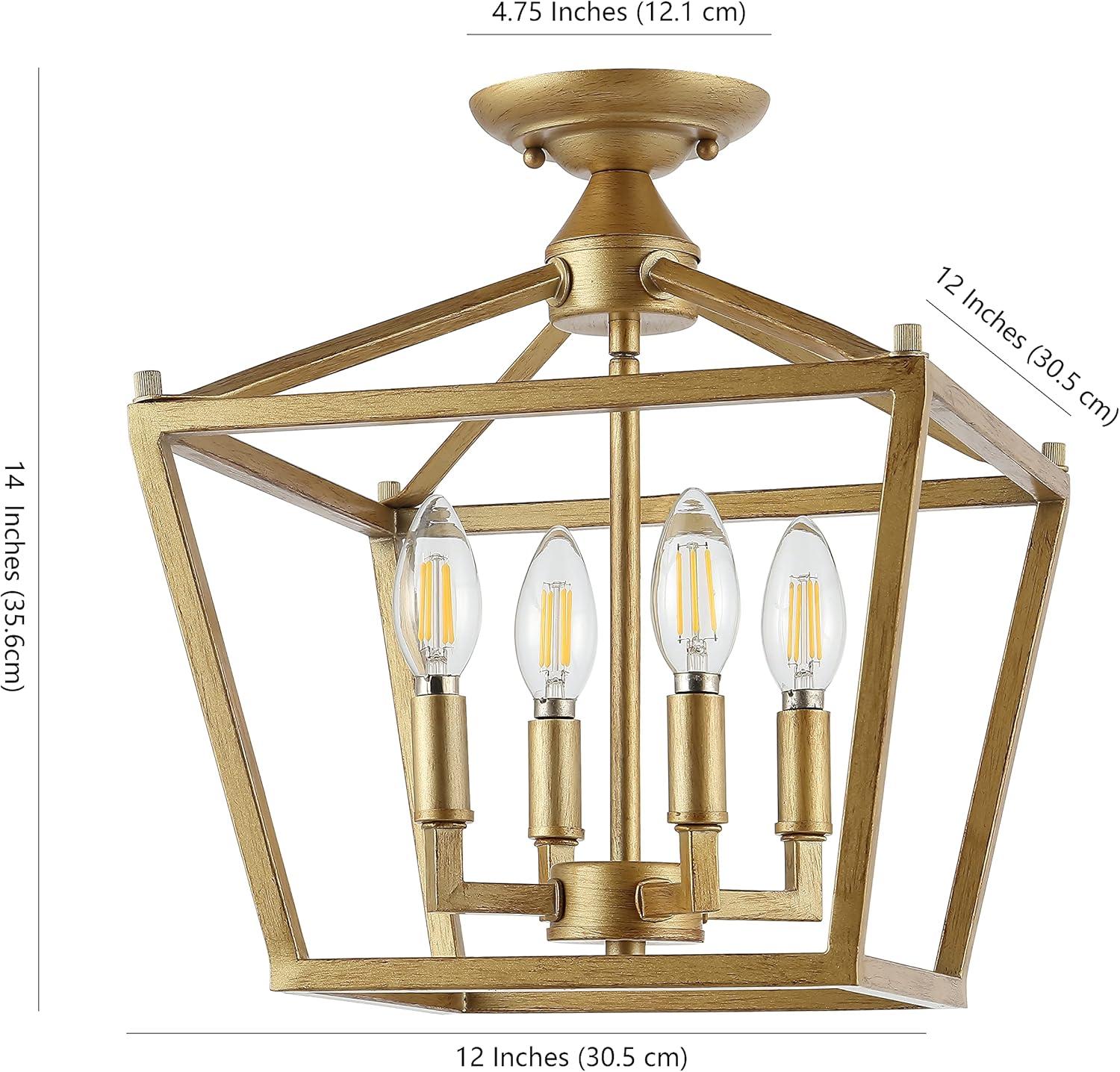 Plains Mini Lantern 12 in. 4-Light Brass Gold Iron Modern Farmhouse LED Flush Mount,