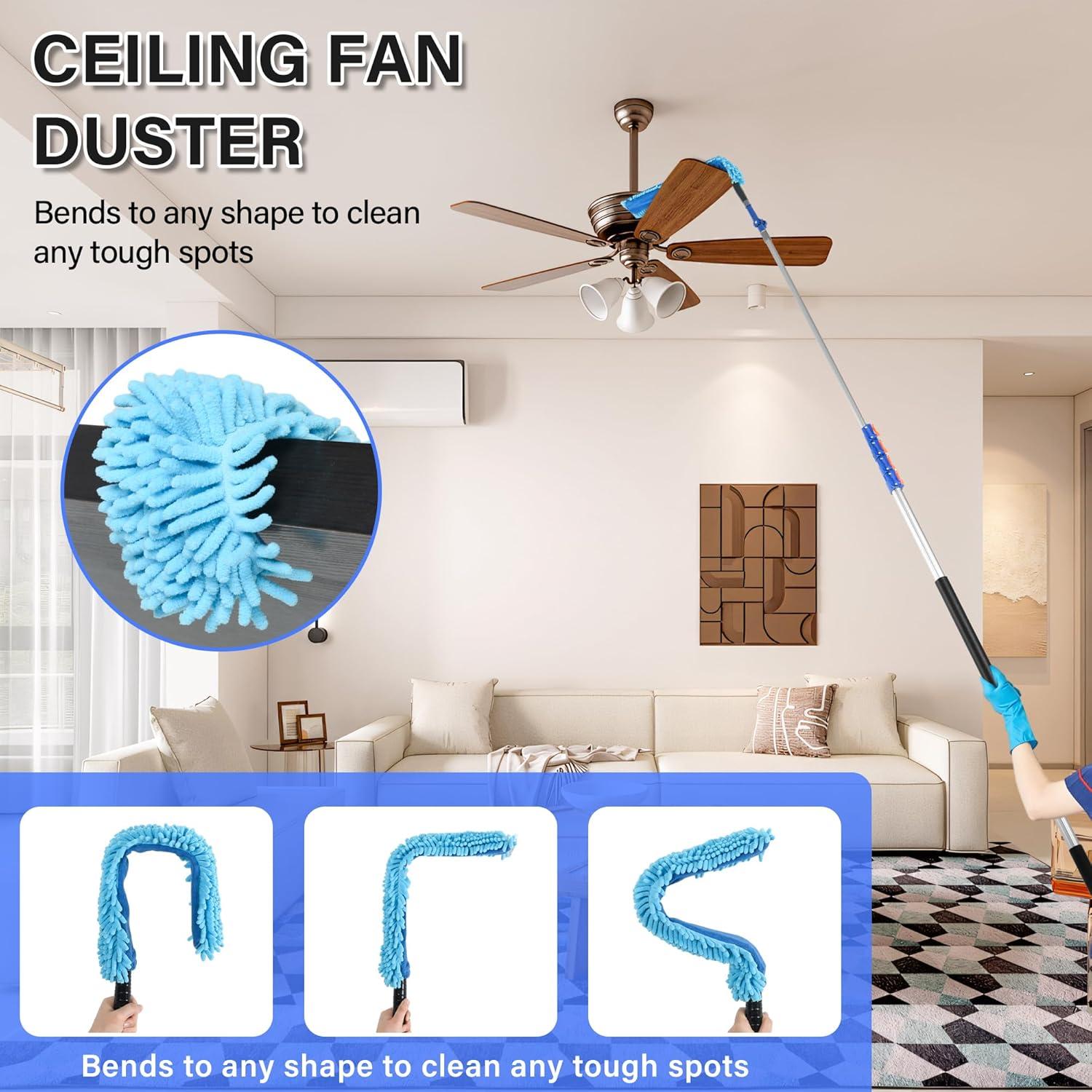 20 Foot High Reach Duster Kit with 5-12FT Telescoping Pole - High Ceiling Dusting and Window Cleaning Kit, Cobweb Duster, Window Washer & Squeegee, Fan Duster and Feather Duster