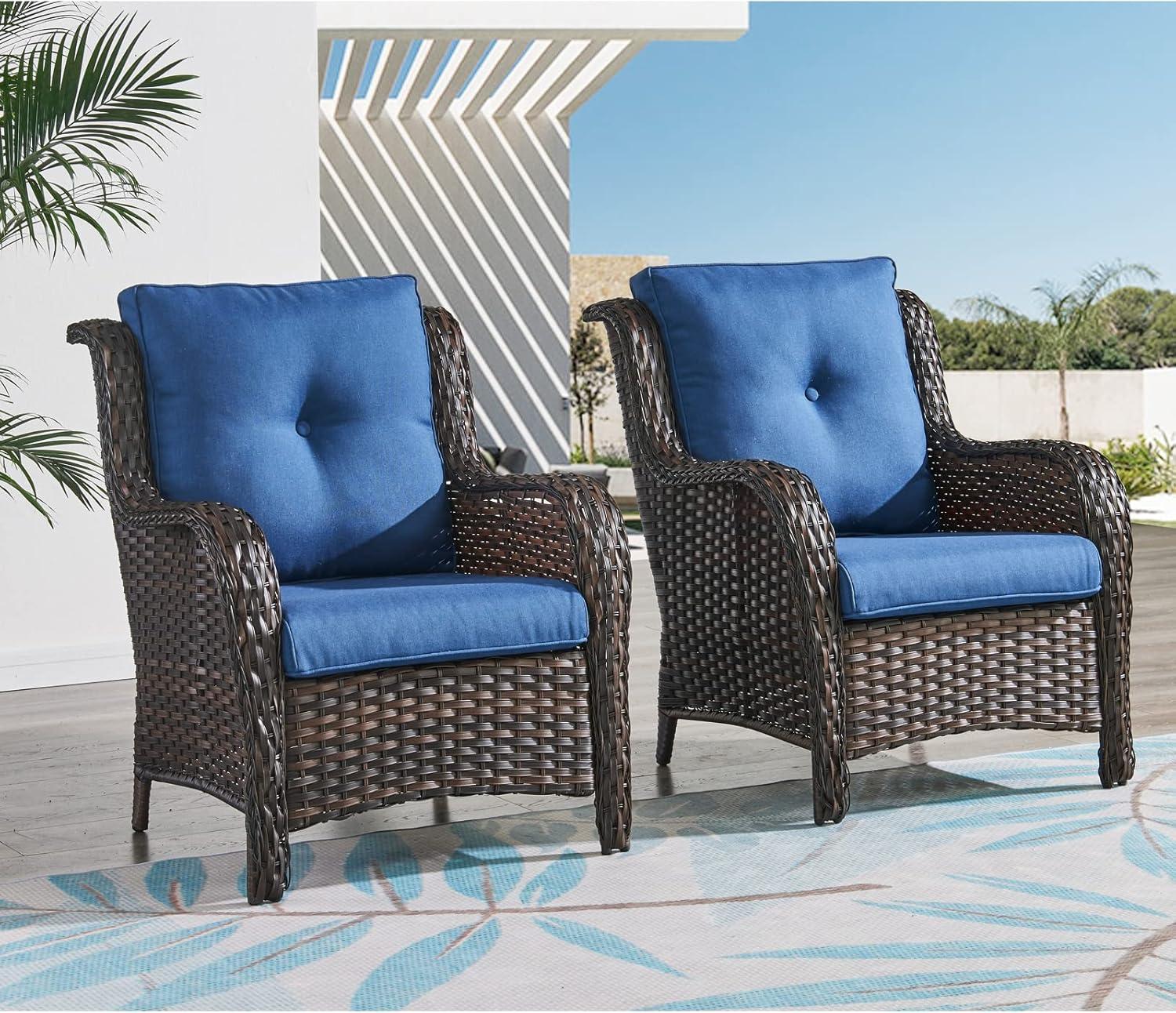 PARKWELL Outdoor Wicker Patio Chairs Set of 2,Lounge Chairs with Cushions for Porch Balcony Backyard,Brown Wicker and Blue Cushions