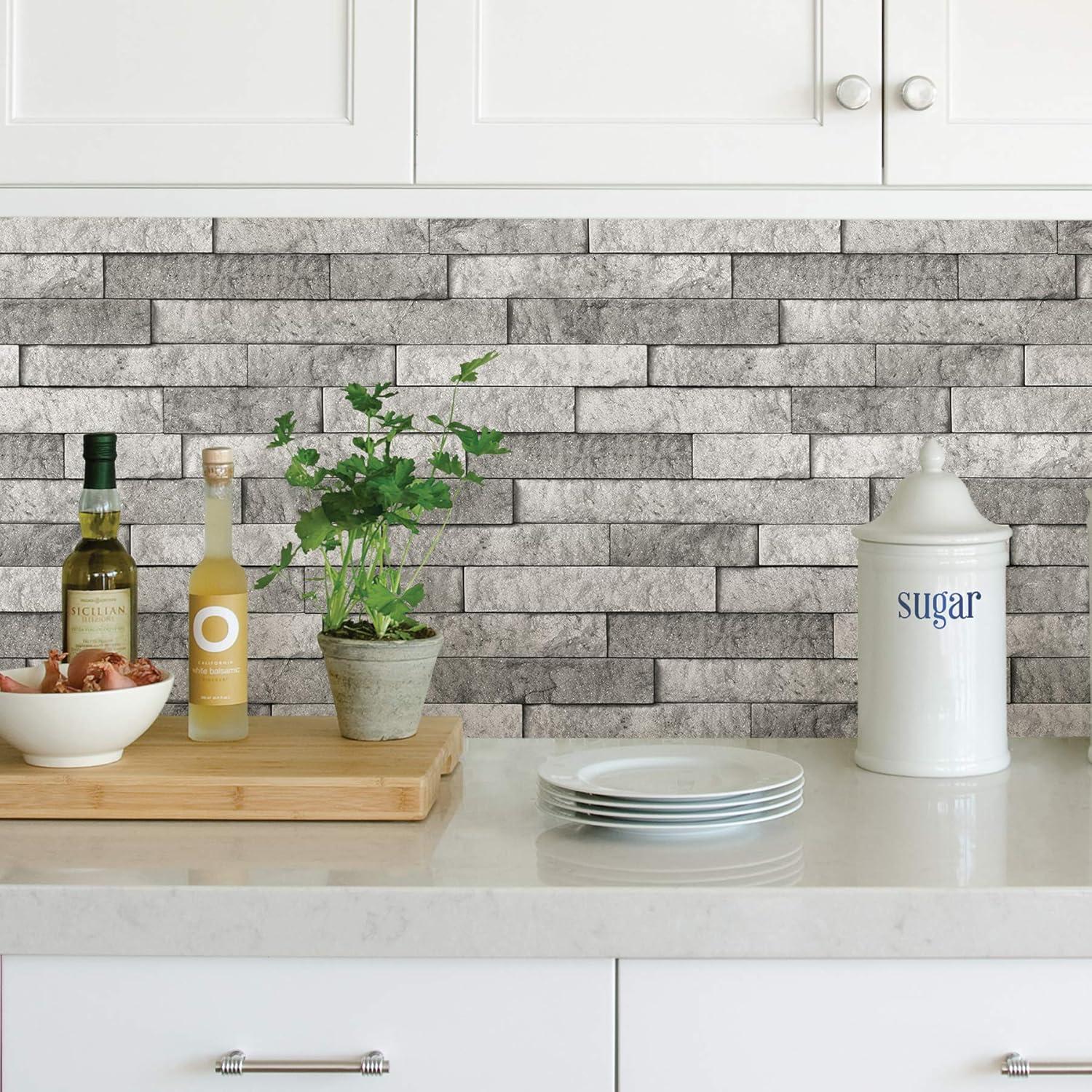 Brewster Home Fashions Grey Stone Peel And Stick Vinyl Backsplash, 108-in by 18, 81 sq. ft.