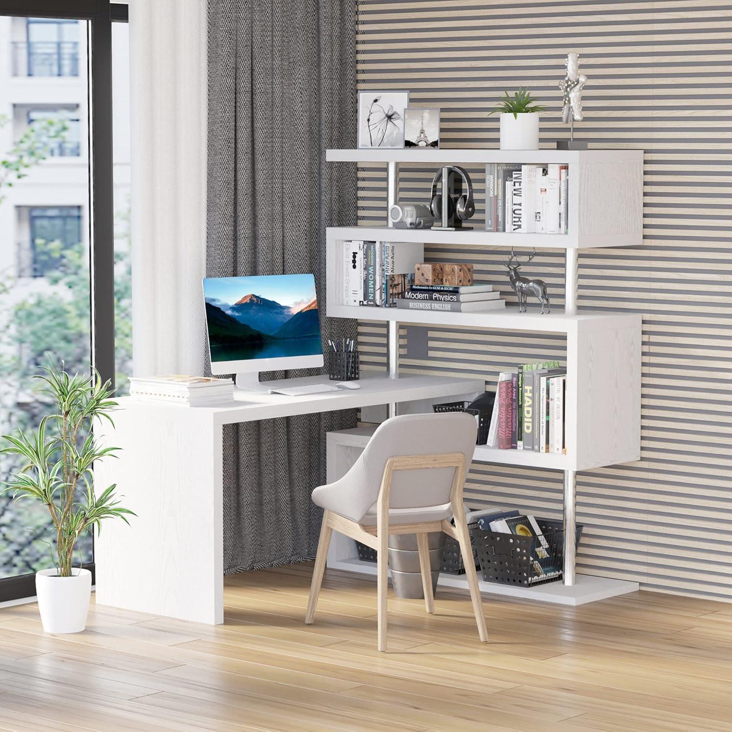 HomCom Modern L-Shaped 360° Rotating Computer Desk Corner Home Office Study Workstation with 5-Tier Storage Shelves, Bookshelf, White