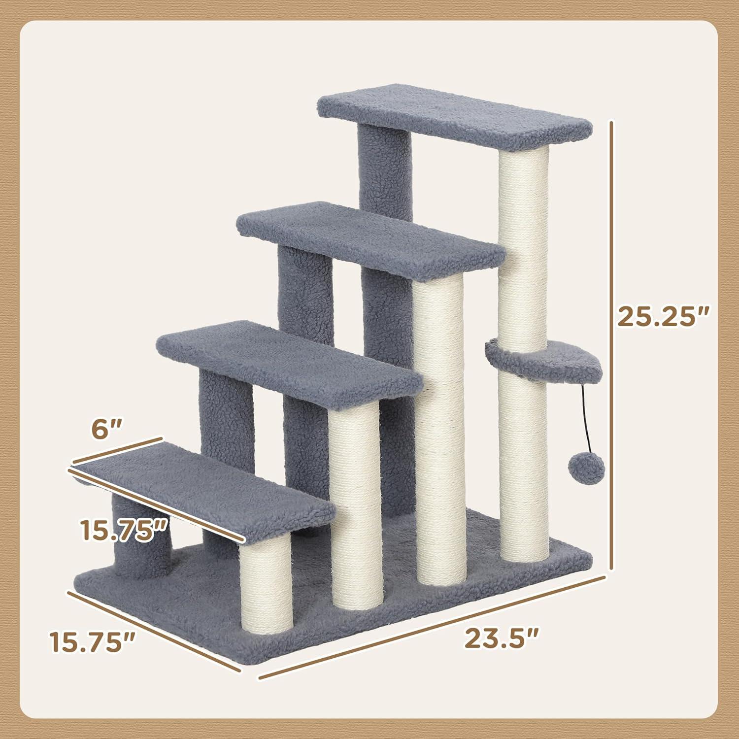 PawHut 4 Levels Cat Steps, Pet Stairs Carpeted Ladder, Kitten Tree Climber with Scratching Posts, Hanging Play Ball, Side Step, Gray