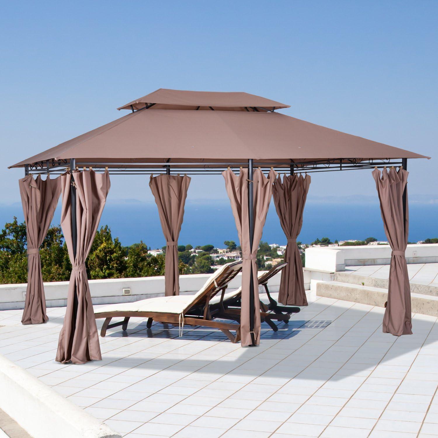 Khaki Steel Frame Outdoor Gazebo with Curtains