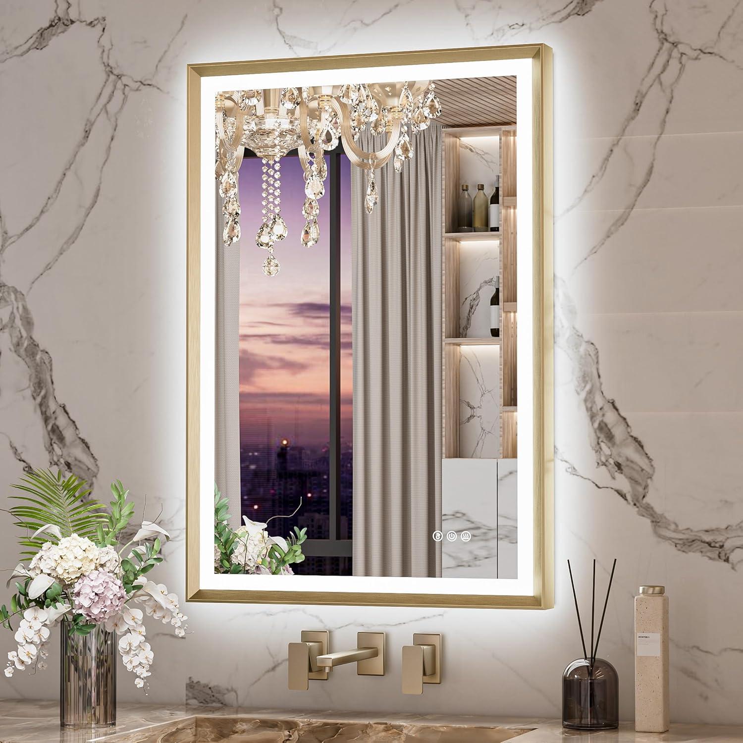 Keonjinn LED Bathroom Vanity Mirror, Front Light & Backlit, 3 Color Temperatures, Anti Fog, Double Lights Strips, 24"x32"