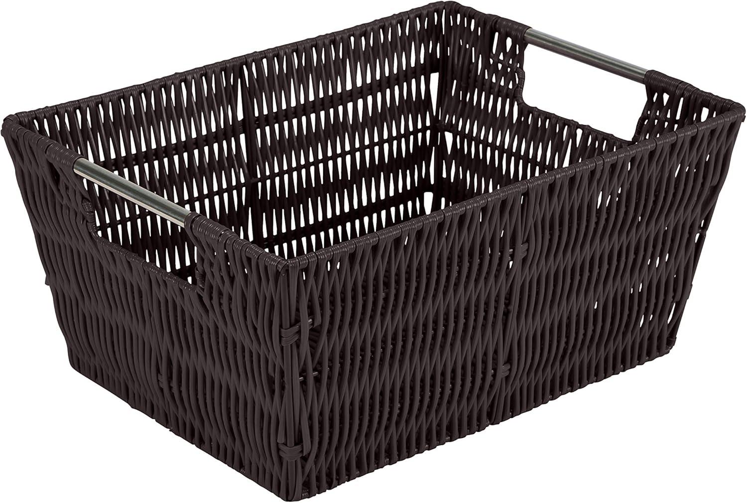 Simplify 3pc Rattan Tote Set with Sterling Silver Handles Chocolate: Decorative Storage Bins, 1456 Volume, No Assembly