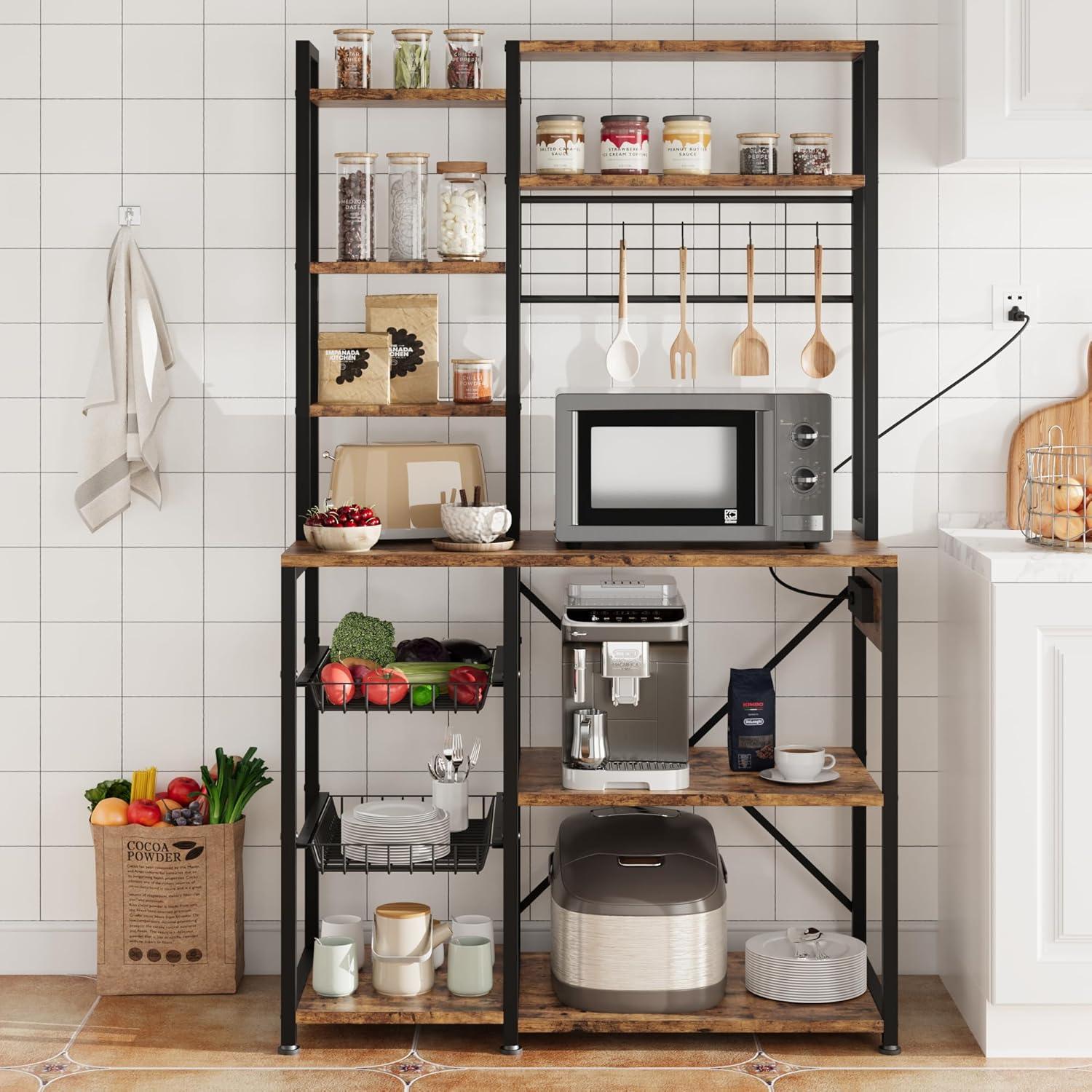 Bakers Rack with Power Outlet, Microwave Stand with 2 Wire Drawer, Industrial Coffee Bar Station, 7-Tier Kitchen Bakers Rack with Large Storage for Spice, Pots Organizer