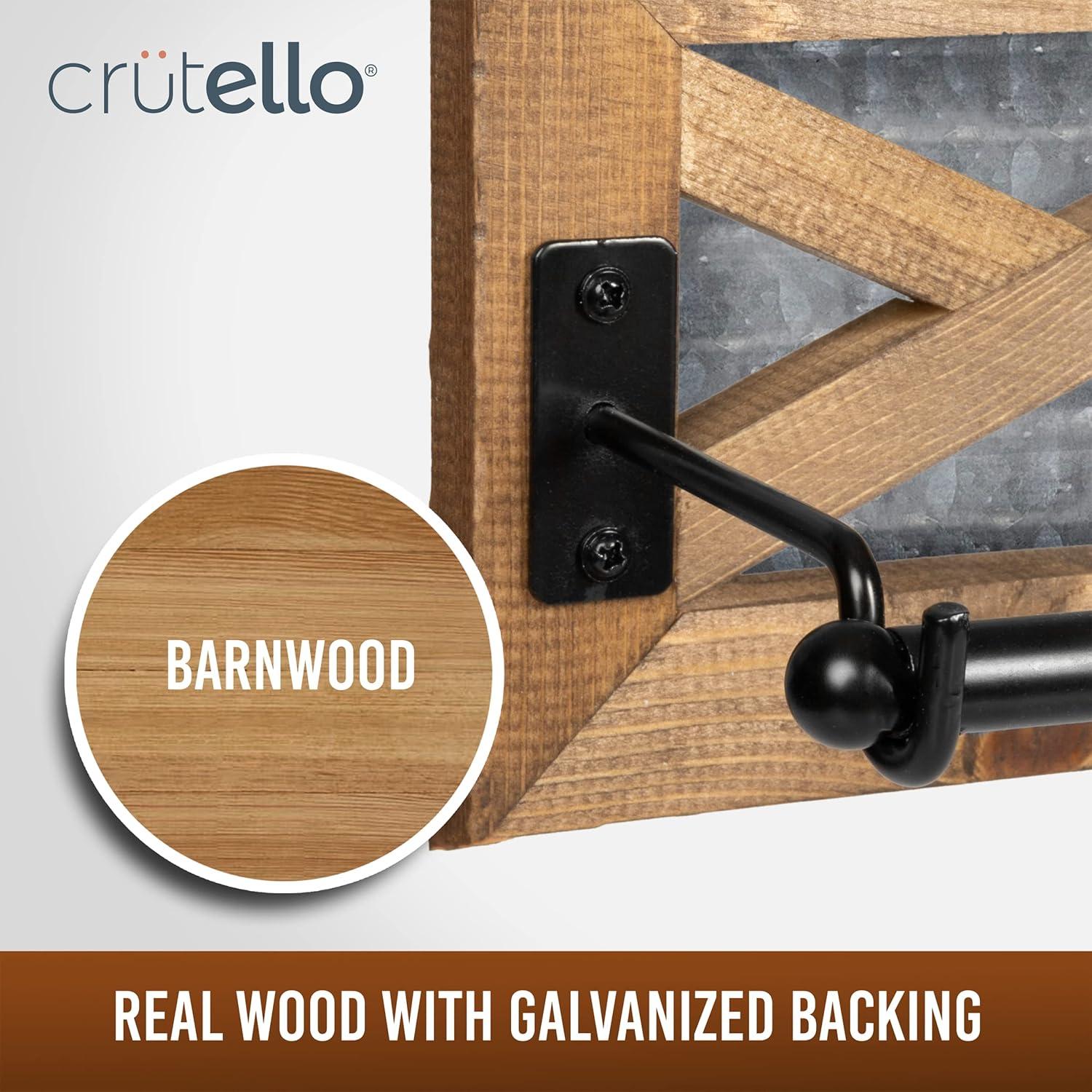 Crutello Rustic Towel Bar Toilet Paper Holder Set with Towel Ring for Bathroom- Wall Mounted Bathroom Racks - Barnwood, Galvanized Backing & Black Metal Bar, Farmhouse Decor