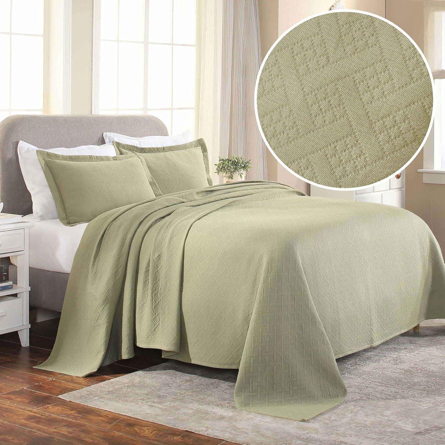 Superior Basketweave Cotton Decorative Bedspread and Sham Set, King, Sage
