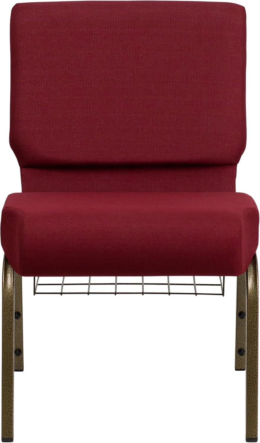 BizChair 4 Pack 21''W Church Chair in Burgundy Fabric with Cup Book Rack - Gold Vein Frame