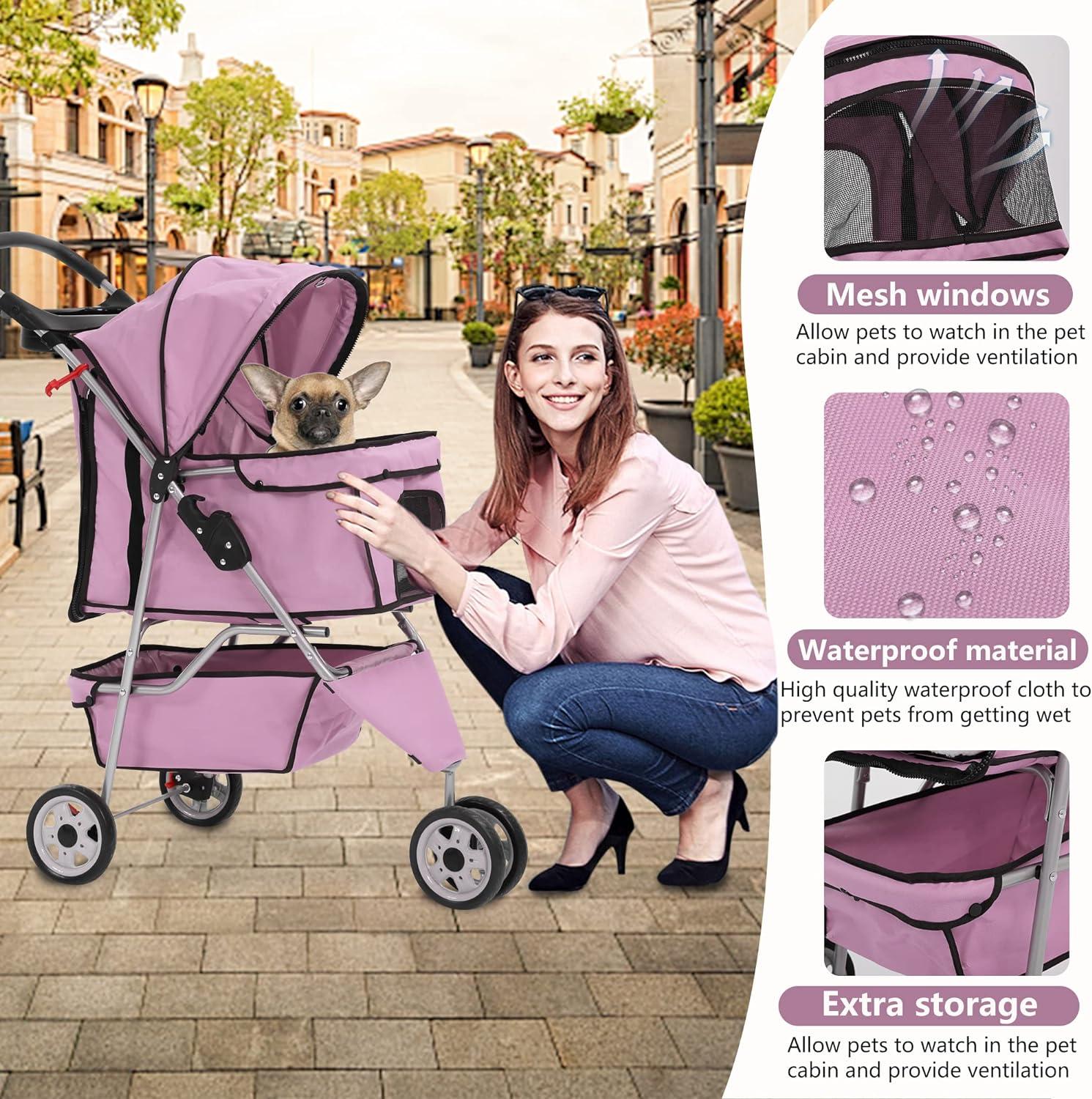 Pink 3-Wheel Foldable Waterproof Dog Stroller with Storage