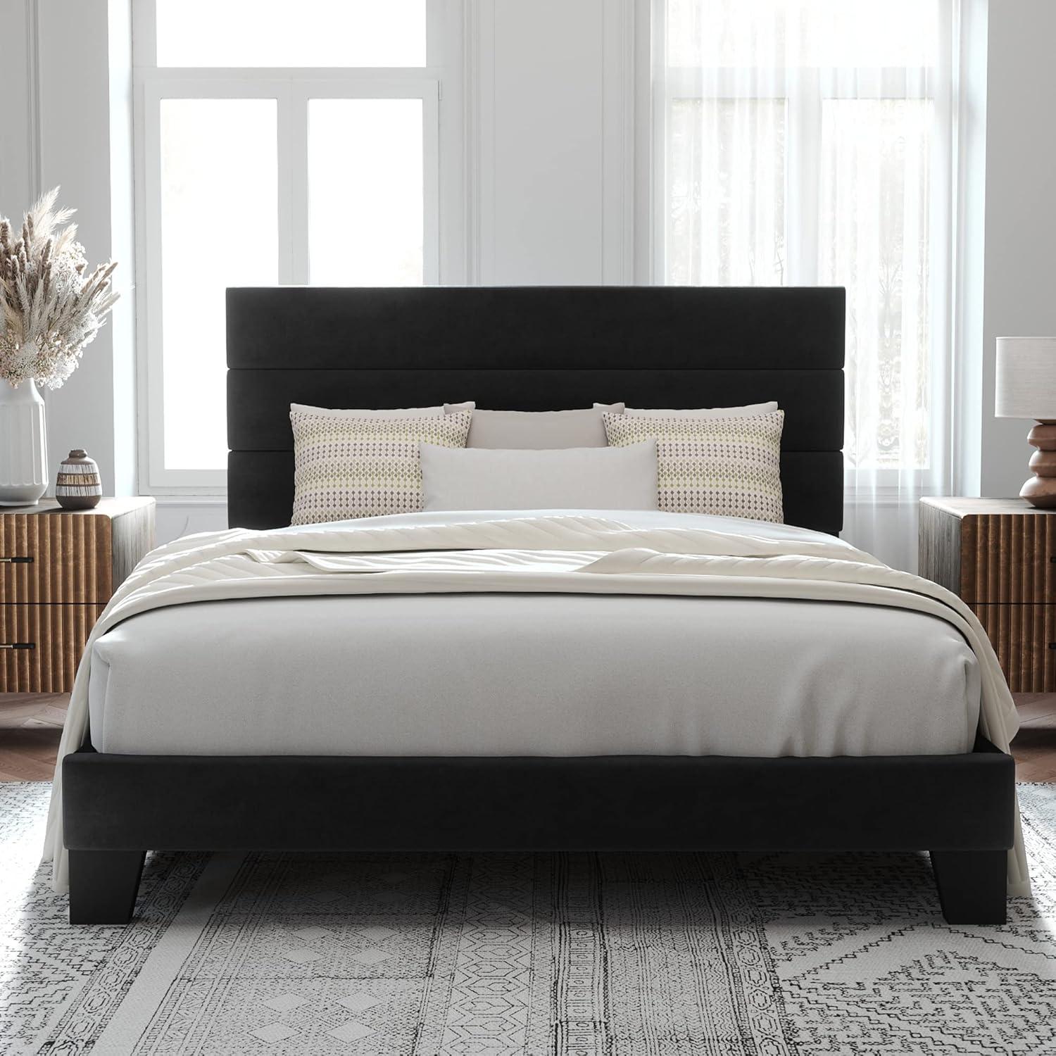 Black Velvet Upholstered Queen Platform Bed with Wooden Slats