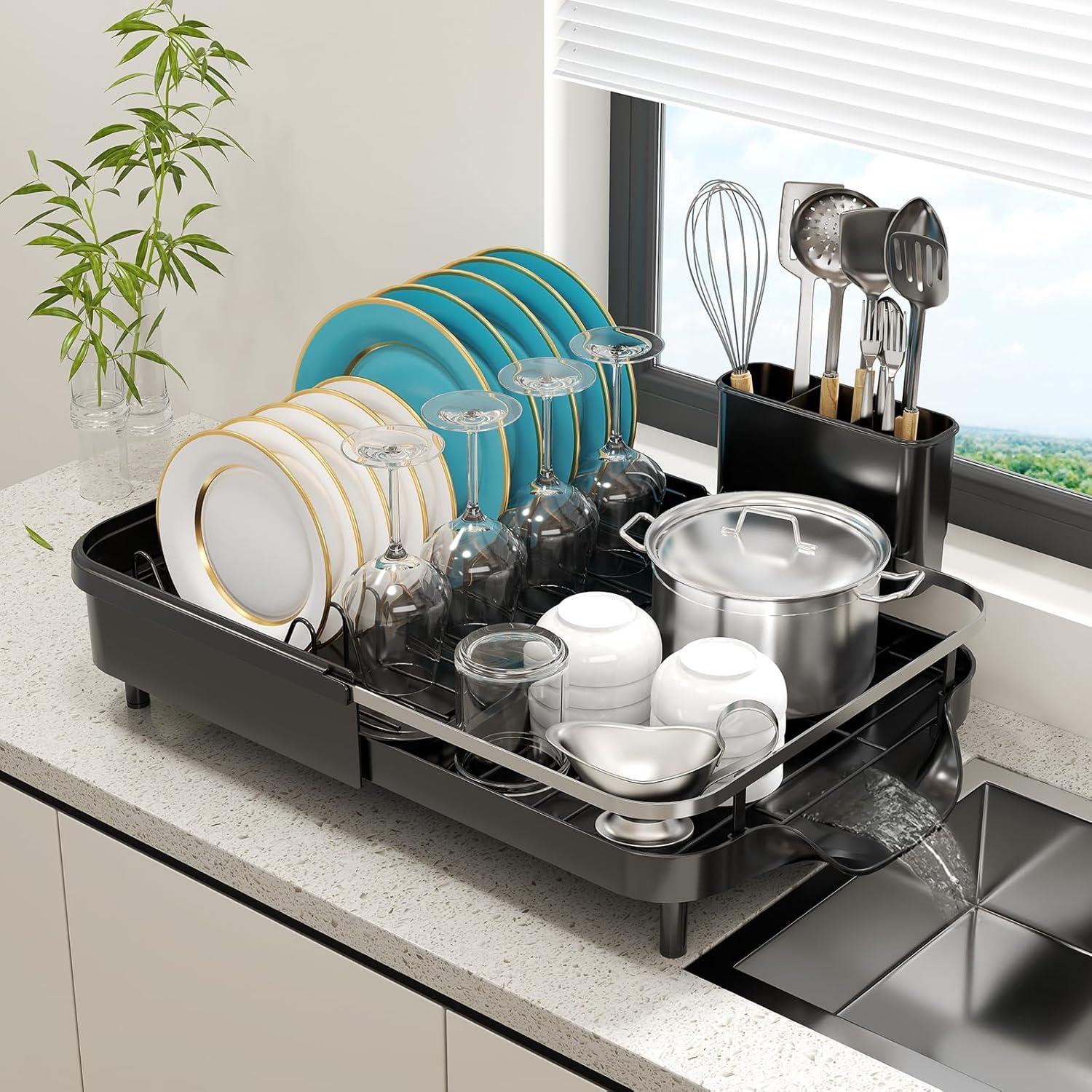 Dish Drying Rack - Expandable Dish Rack for Kitchen Counter, Stainless Steel Dish Drainer with Drainboard Set and Utensil Holder, Sink Drying Dish Strainer Rack (Black)