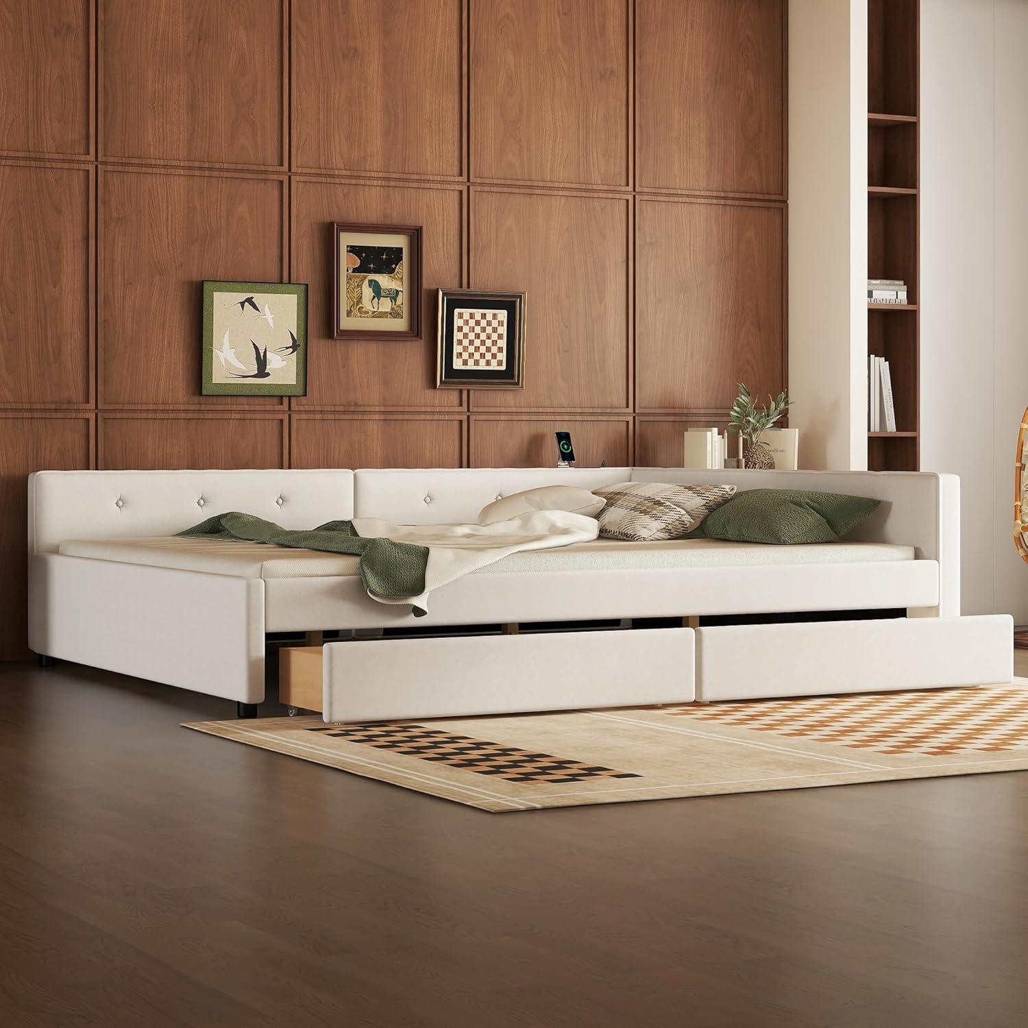 DreamBuck Queen Size Daybed with 2 Drawers, Wood Upholstered Bed Frame with USB Port and Storage, Linen Fabric Daybed, Queen Bed Frames for Bedroom, Living Room, No Box Spring Needed