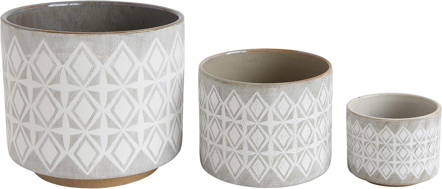 Set of 3 White and Grey Geometric Stoneware Planters