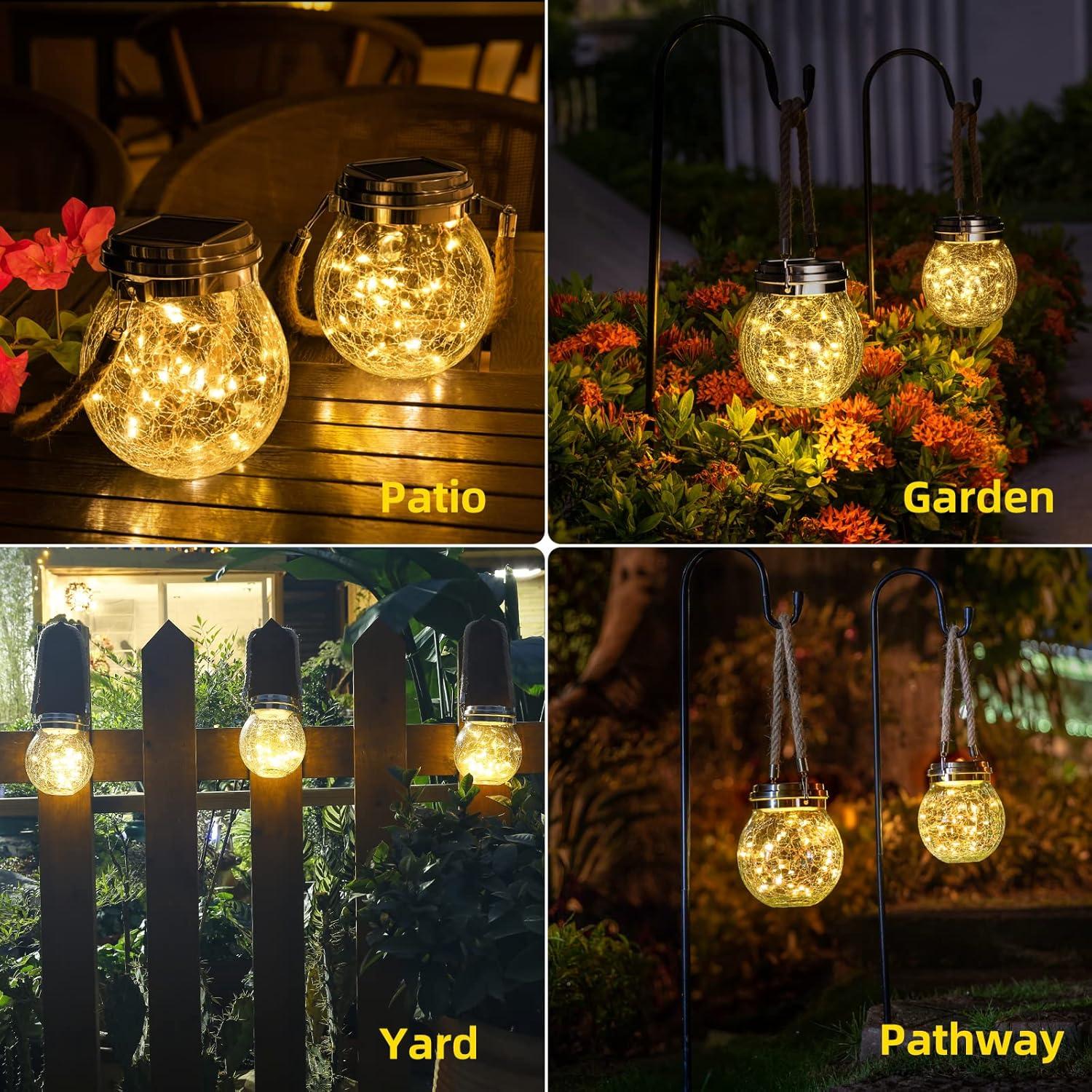 Warm White Crackled Glass Solar Powered Outdoor Lanterns