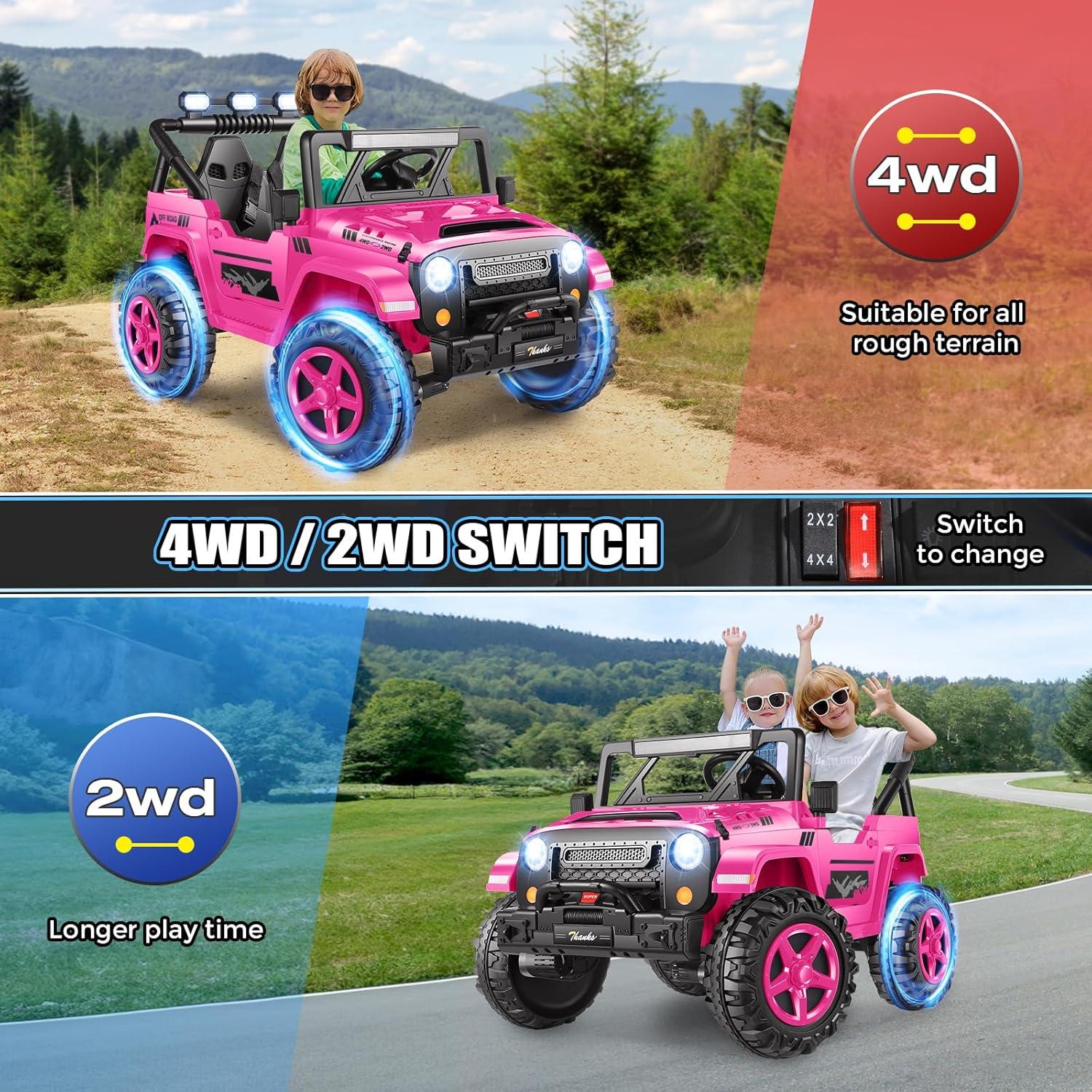Ancheer 24V 4WD//2WD Ride On Jeep Truck,2 Seater Kids UTV With 4X200w Powerful Engine,Remote Control,Bluetooth,20 Wide Seat,Vehicles for Kids Toddlers