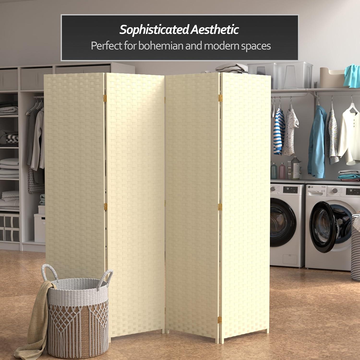 Oriental Furniture 6 ft. Tall Woven Fiber Room Divider - 4 Panel - Cream