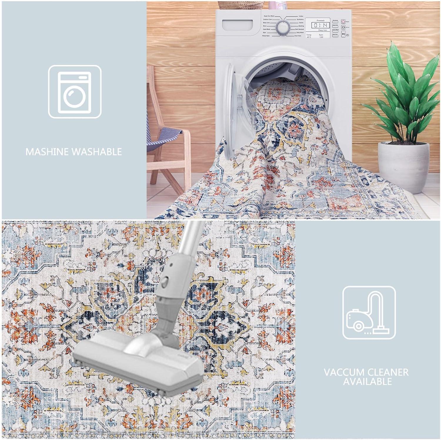 Hasoo 9' x 12' Modern Large Area Rug Stain Non-Shedding Low-Pile Distressed Area Rug Carpet for Living Room Bedroom, Light Blue