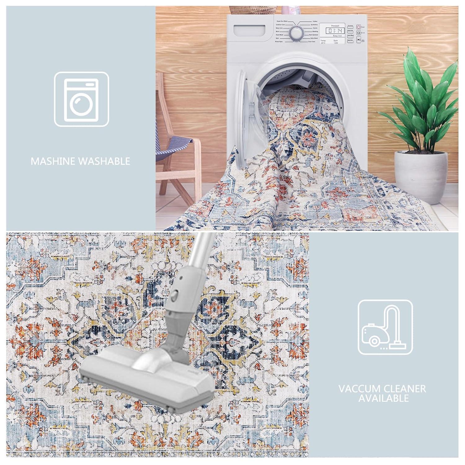 Hasoo 9' x 12' Modern Large Area Rug Stain Non-Shedding Low-Pile Distressed Area Rug Carpet for Living Room Bedroom, Light Blue