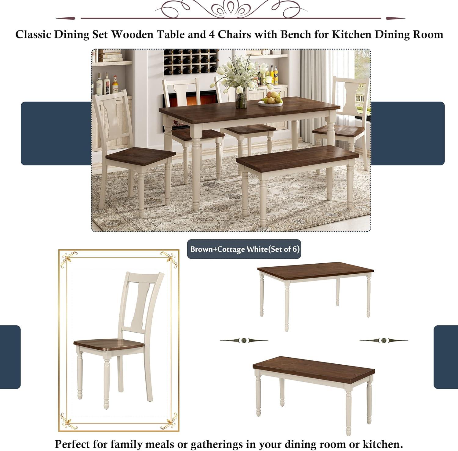 Classic 6-Piece Dining Set with Wooden Table and 4 Chairs,Rubber Wood Structure W/One 2-Person Bench,for Living Room Dining Room,Brown+Cottage White