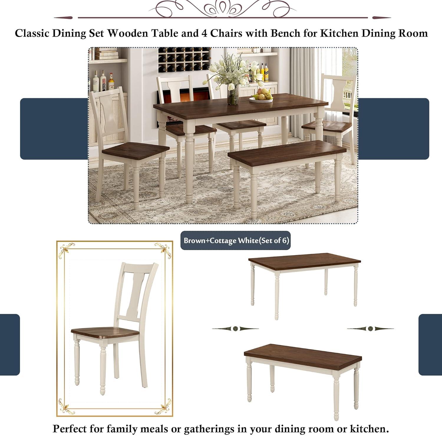 Classic 6-Piece Dining Set with Wooden Table and 4 Chairs,Rubber Wood Structure W/One 2-Person Bench,for Living Room Dining Room,Brown+Cottage White