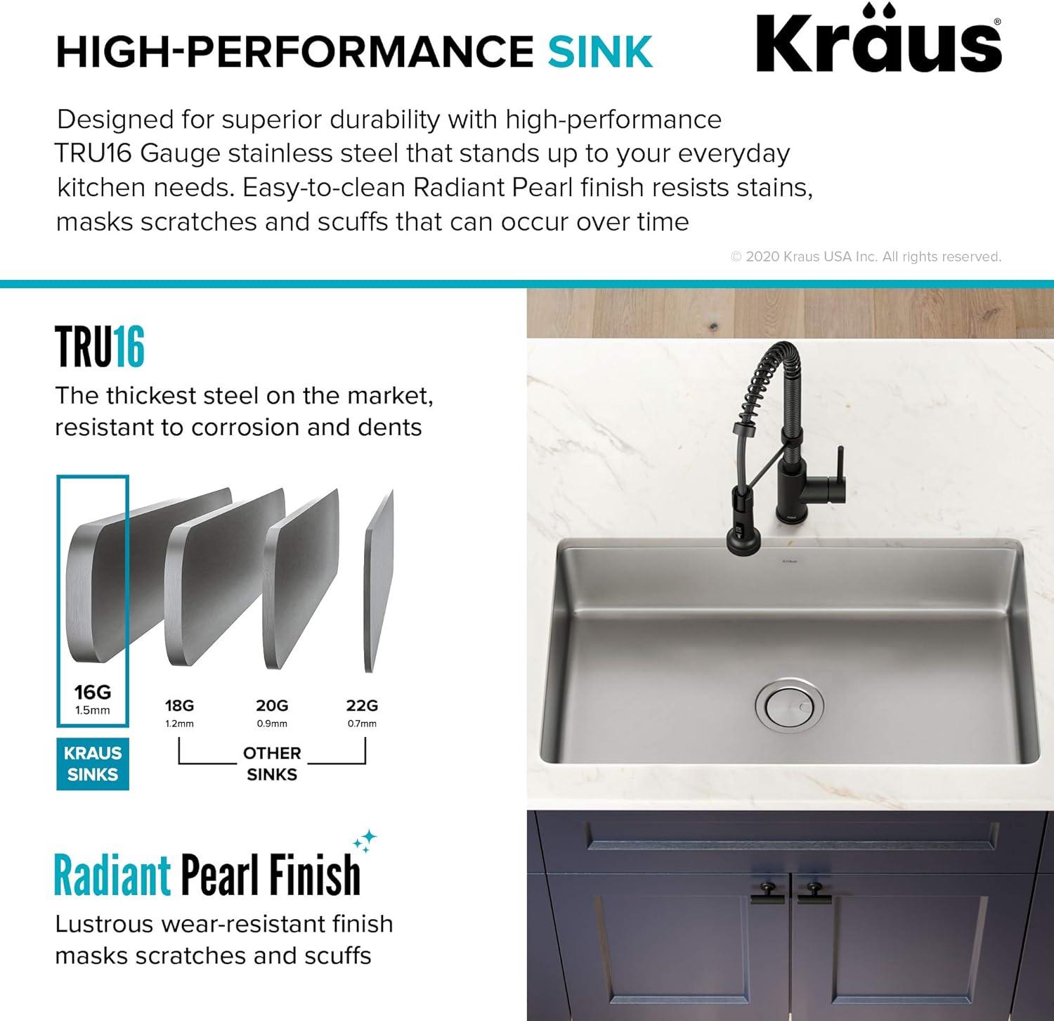 Dex™️ Series KRAUS 32" L Undermount 16 Gauge Stainless Steel Single Bowl Kitchen Sink