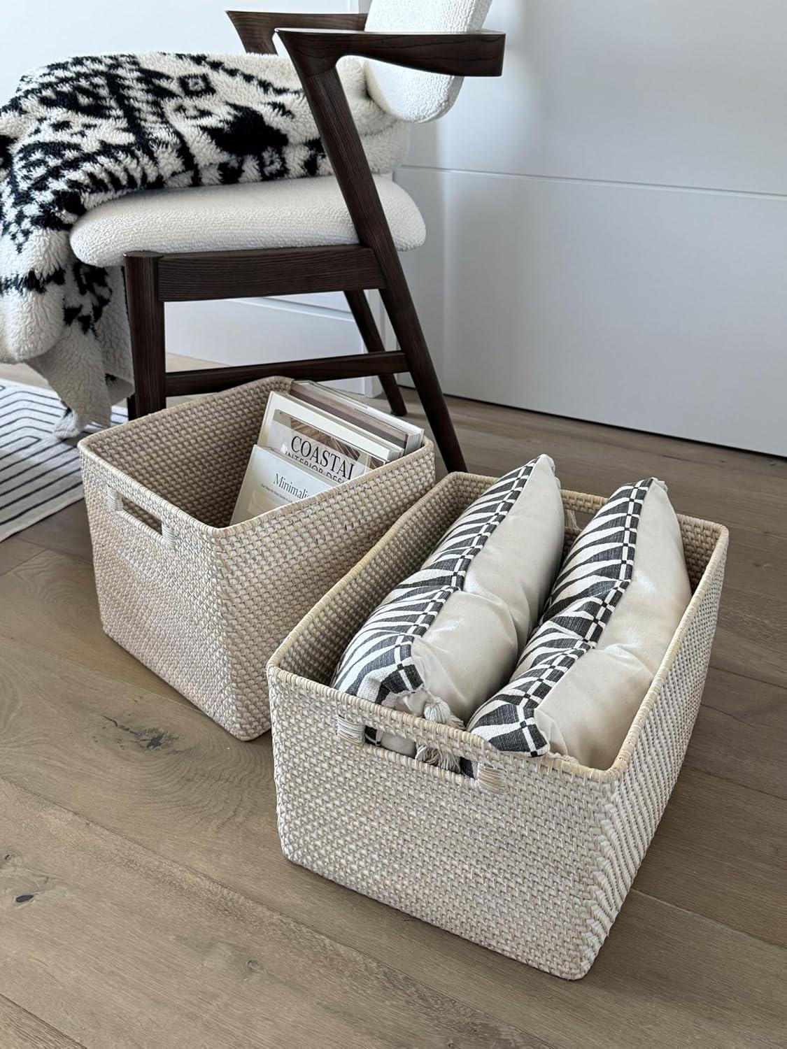 Kouboo Loma Rectangular Decorative Rattan Storage Basket With Handles, Coastal-Inspired Handwoven, Home Organization, Black Antique, Latte