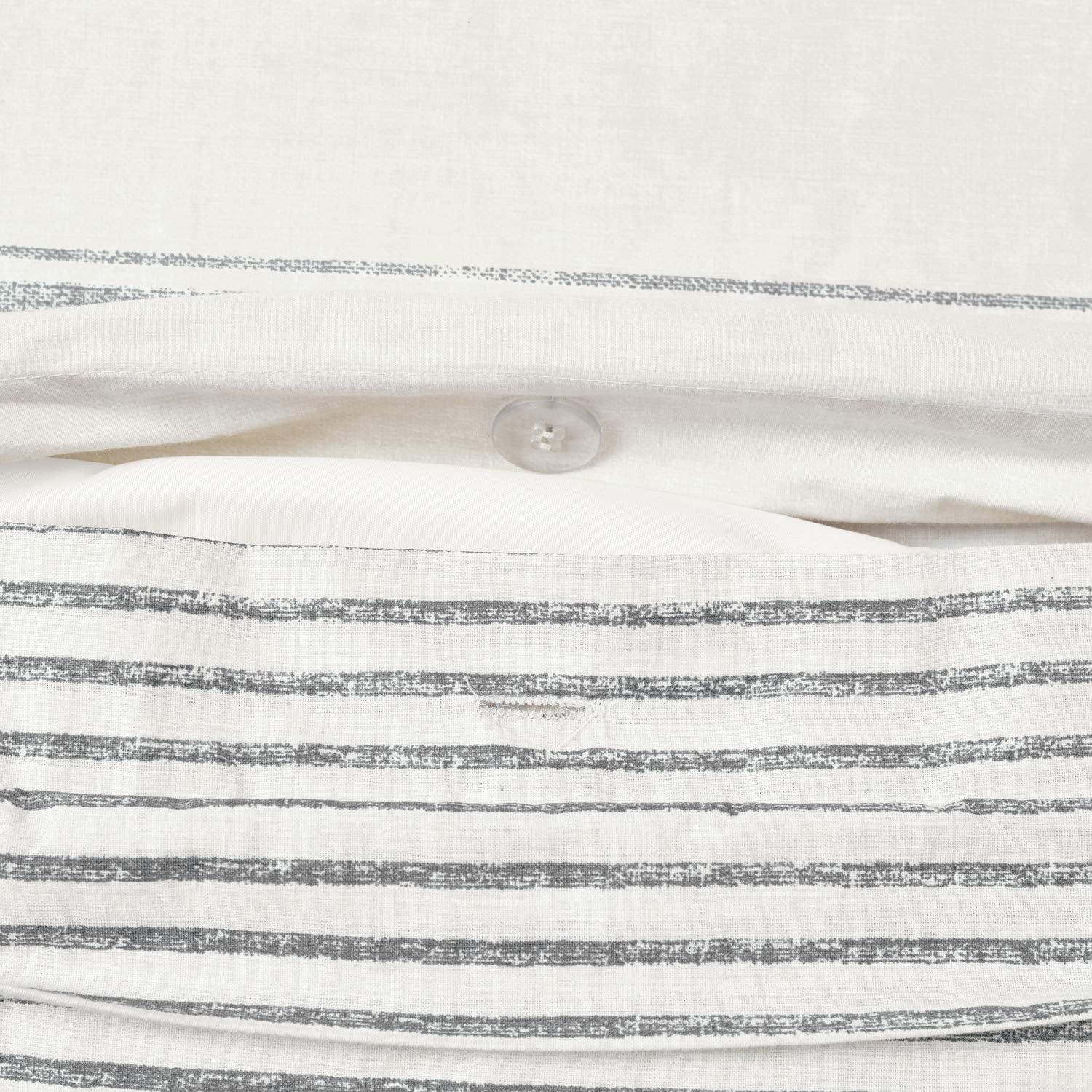 Gray Cotton Full/Queen Farmhouse Stripe Reversible Duvet Cover Set