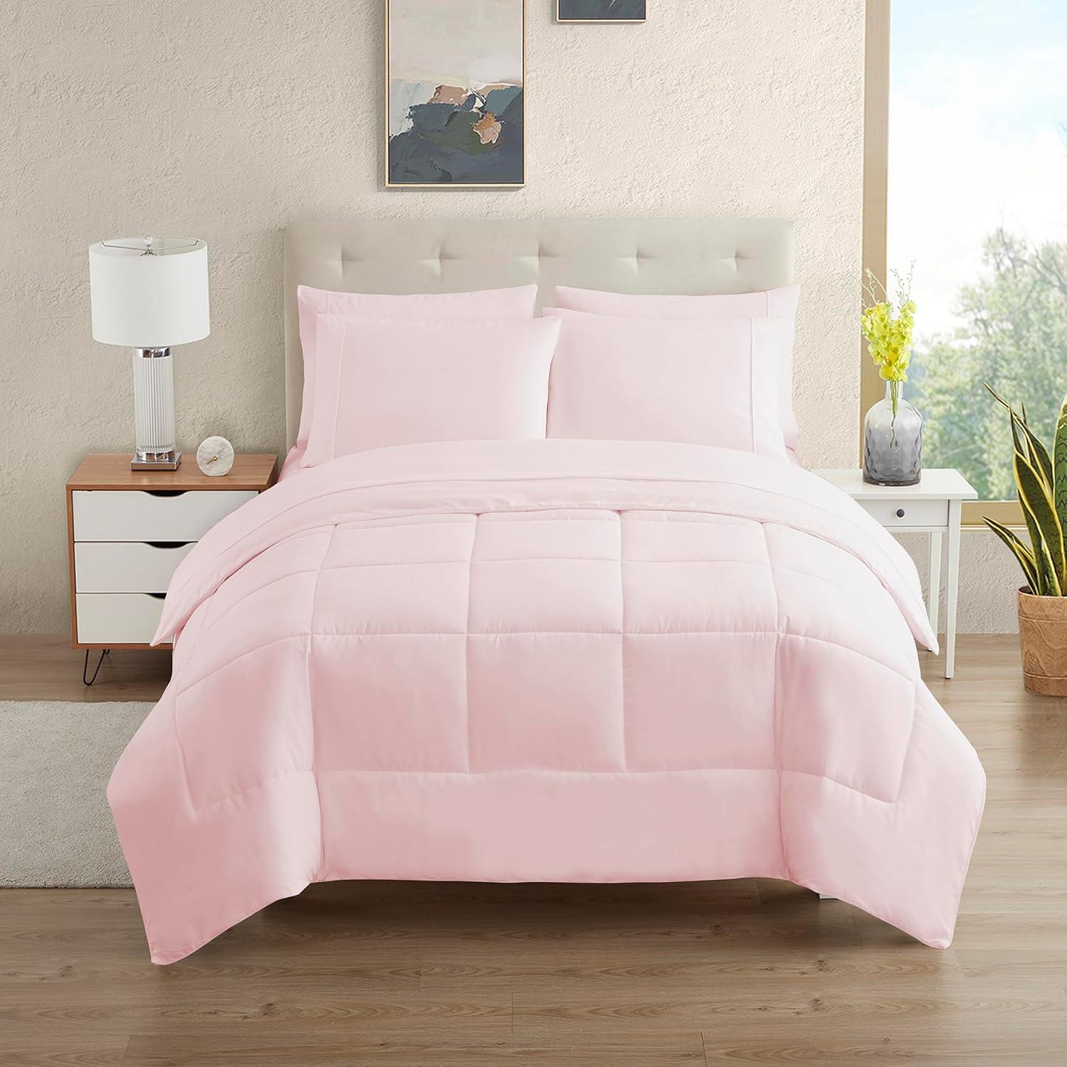 Supreme 7 Piece Bed-In-A-Bag All Season Solid Comforter & Sheet Set, California King, Pale Pink By Sweet Home Collection